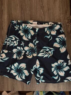 Duck Head Navy Floral Board Shorts with White & Teal Accents
